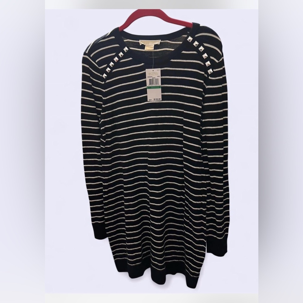 Michael Kors Black and White Striped Sweater Dress